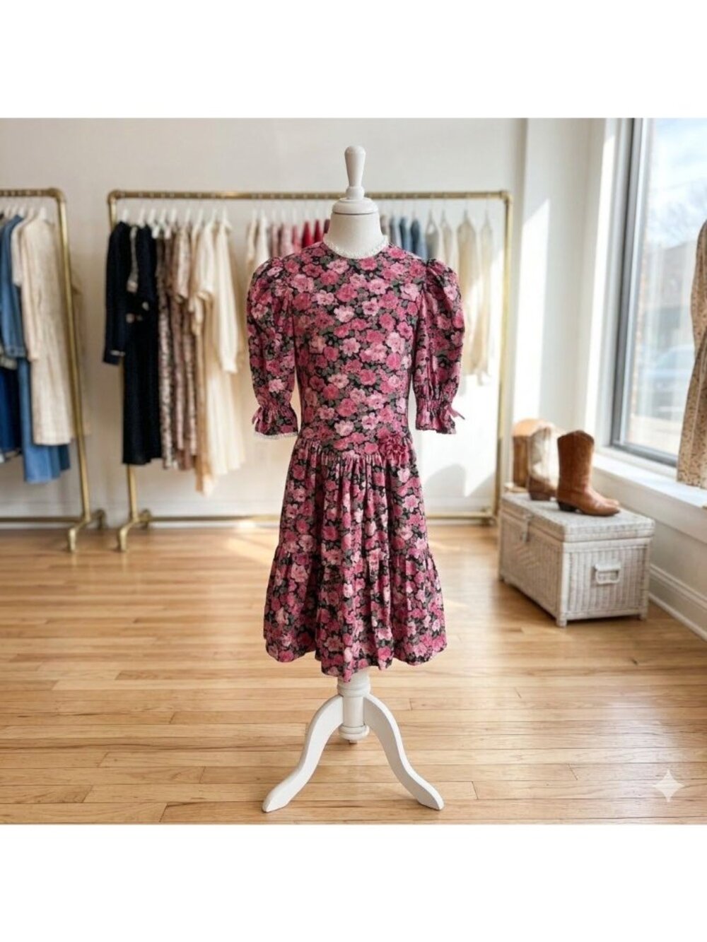 Vintage 90s Mini World Girls 14 Pink Floral Rose Garden Party Dress Tie Waist
